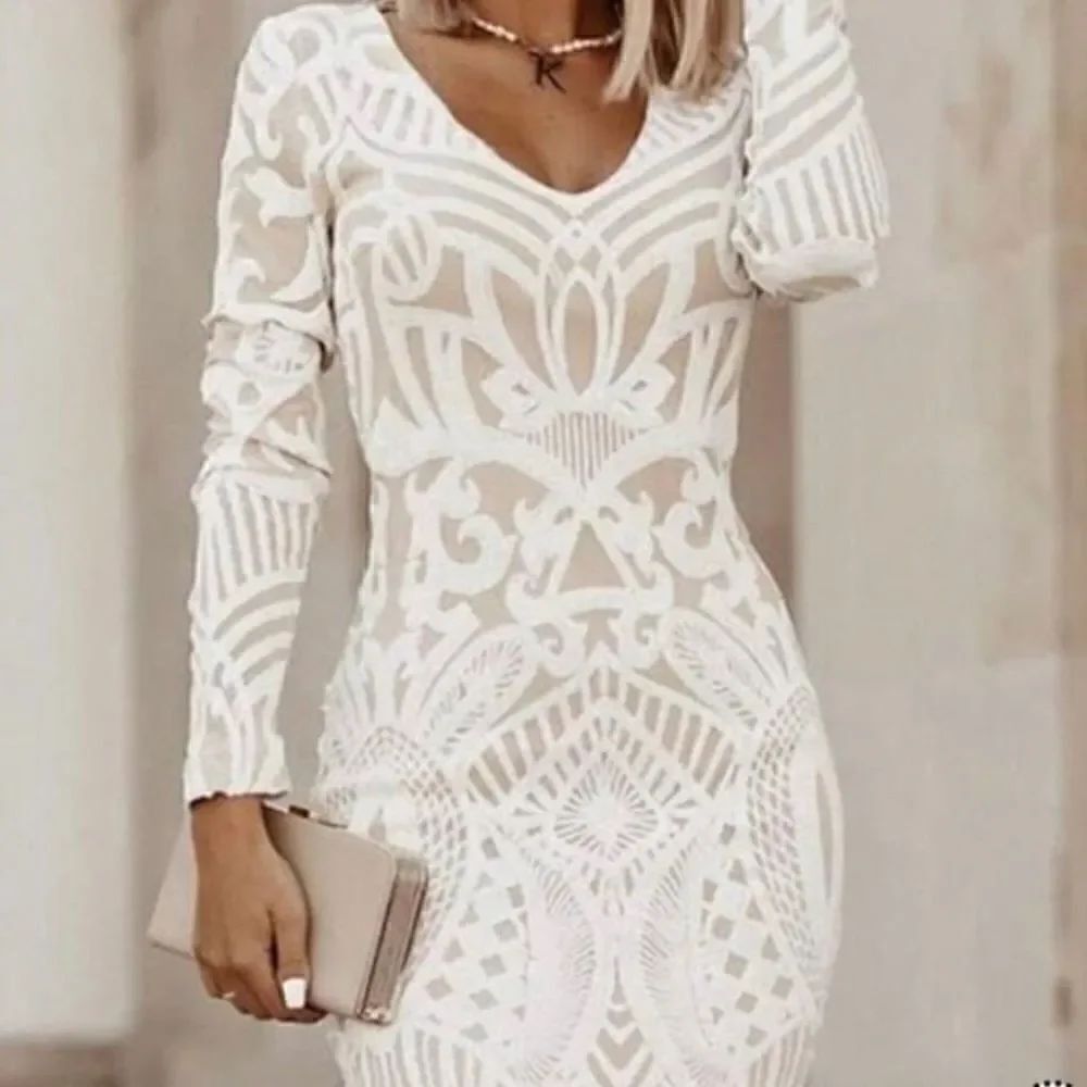 Sheilay Dress Size 3XL Sheer White Embroidered Beige Lining V Neck Long Sleeve - Picture 9 of 9
